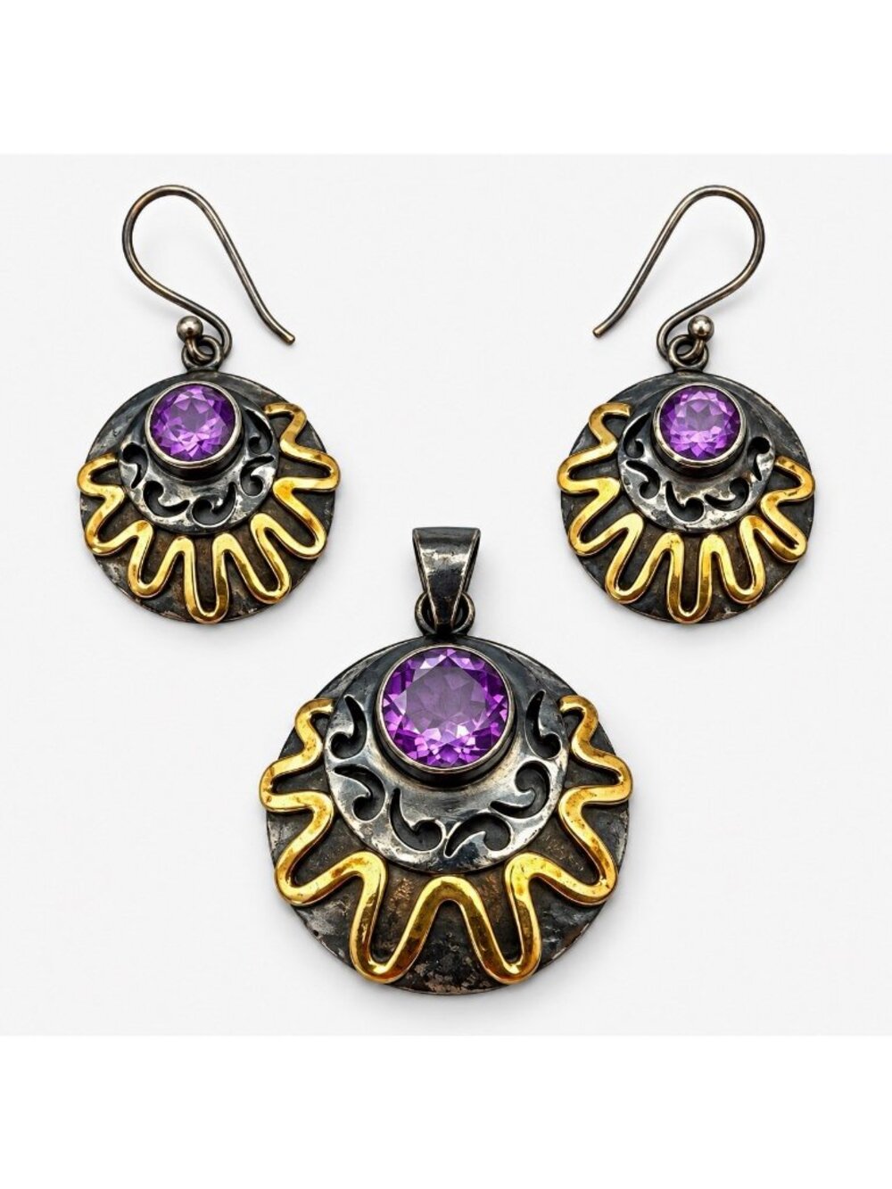 Artisan Brutalist 925 Sterling Silver Amethyst Two Tone Pendant Earrings Set